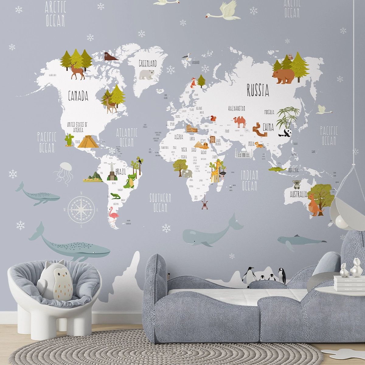Large World Map Wallpaper with Cute Animals for Walls, Grey