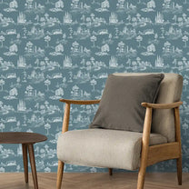 Toile Design Wallpaper Roll in Greyish Blue Color