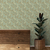 Golden leaves Design Wallpaper Roll in Green Color