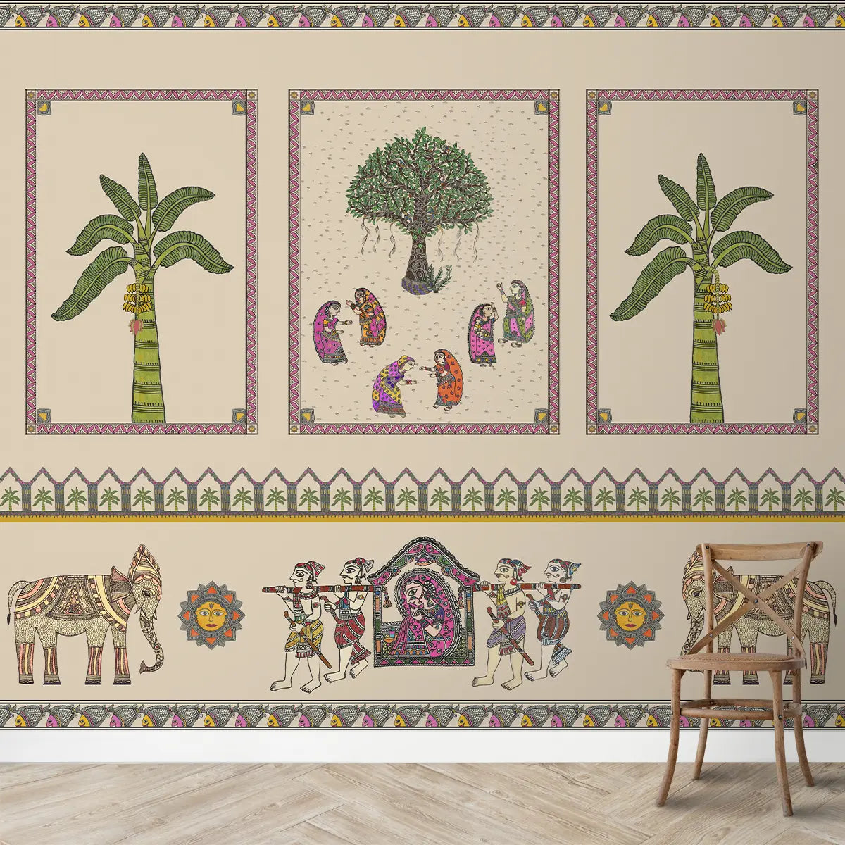 Janakpuri Jharoka Wallpaper in Suneherii Collection Beige