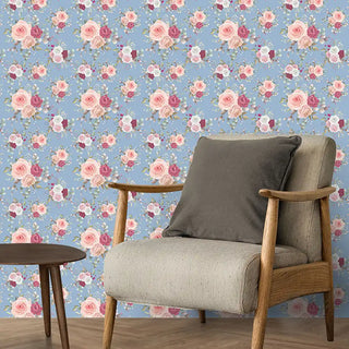Shop Roses Design Wallpaper Roll in Blue Wanderlust Color