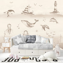 Ocean World, Kids Room Wallpaper, Customised Sepia Color