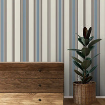 Shop Stripes Design Wallpaper Roll in Ivory and Blue Color