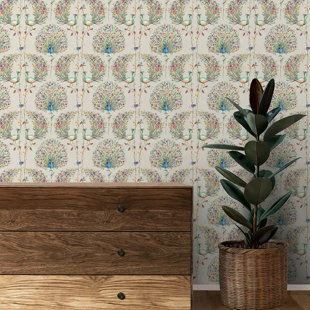 Barkha Indian Peacock Wallpaper in Cream Color | Life n Colors