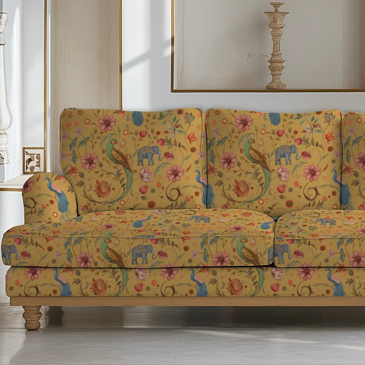 Sanjhi Indian Sofa and Chairs Upholstery Fabric Elephant indian floral design Yellow