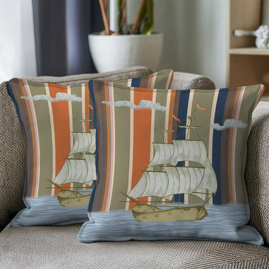 Sail Stripes Cushion Covers, Set of 2 Sepia Orange & Blue Ship stripes
