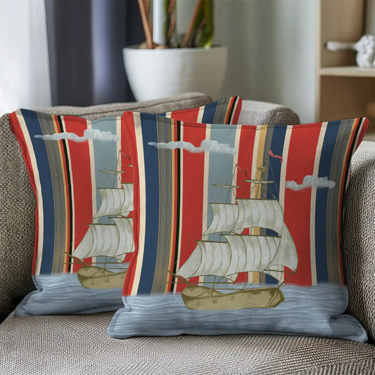 Sail Stripes Cushion Covers, Set of 2 Sepia Red & Blue