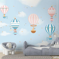 Hot Air Balloons with Animals Wallpaper in Blue Color for Kids Room Walls
