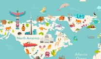 Kids World Map with Monuments, Green, Unisex Wallpaper