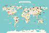 Carte du monde pour enfants avec monuments, vert, papier peint unisexe