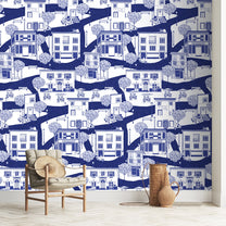 A French Town Indigo Blue Wallpaper for Wall