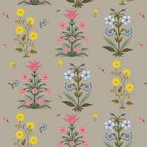 Floral wallpaper in green color to living room walls