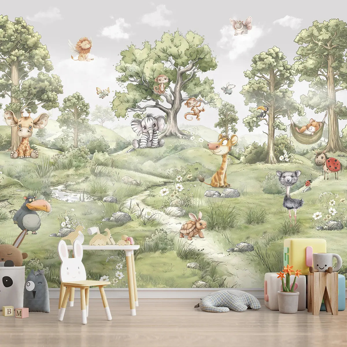 Buy Jungle Daydreams Kids Room Wallpaper Lion, Elephant, Giraffe, Birds, Trees.