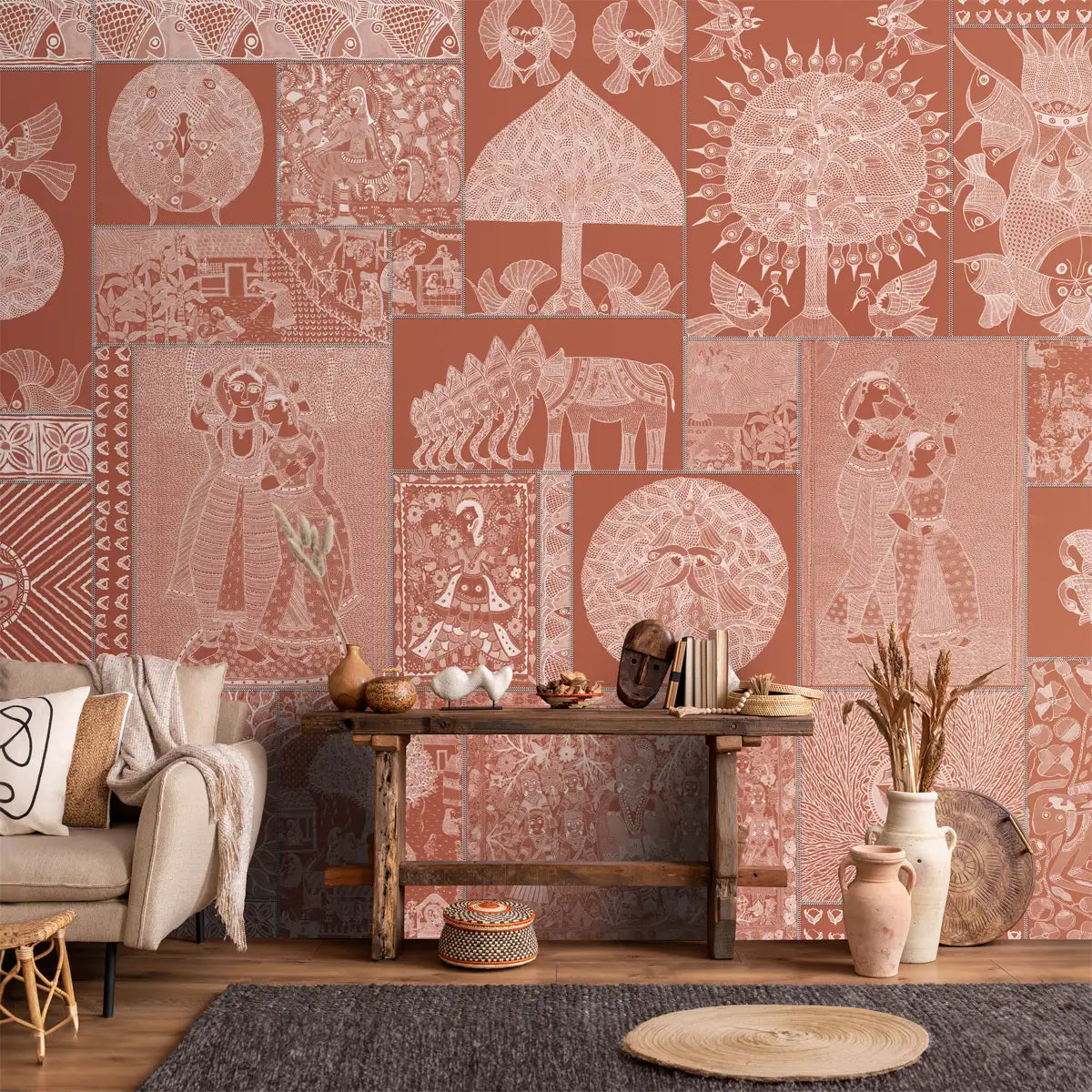 Geet Madhubani Wallpaper, Terracotta Red