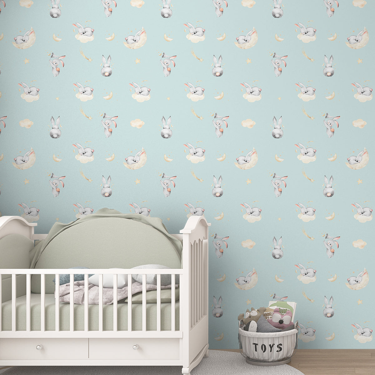 Chasing Stars with Bunny Friends, Cute Wallpaper for Rooms, Ice Blue