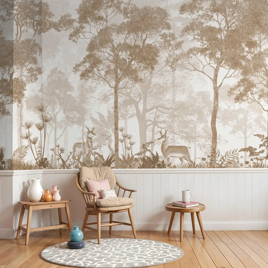 Vintage Forest Theme Wallpaper, Sandy Beige Color