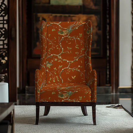 Phoenix Chinoiserie Sofa and Chairs Upholstery Fabric Rust Color