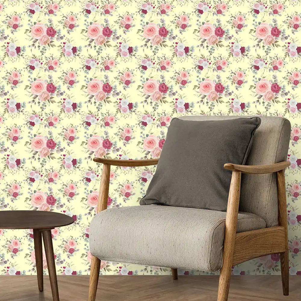 Roses Design Wallpaper Roll in Yellow Wanderlust Color For Rooms