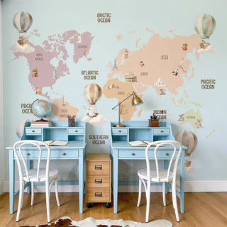 World Map Balloons Blue Kids Wallpaper