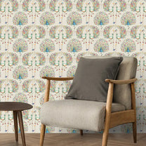 Barkha Indian Peacock Design Wallpaper Roll in Cream Color for walls