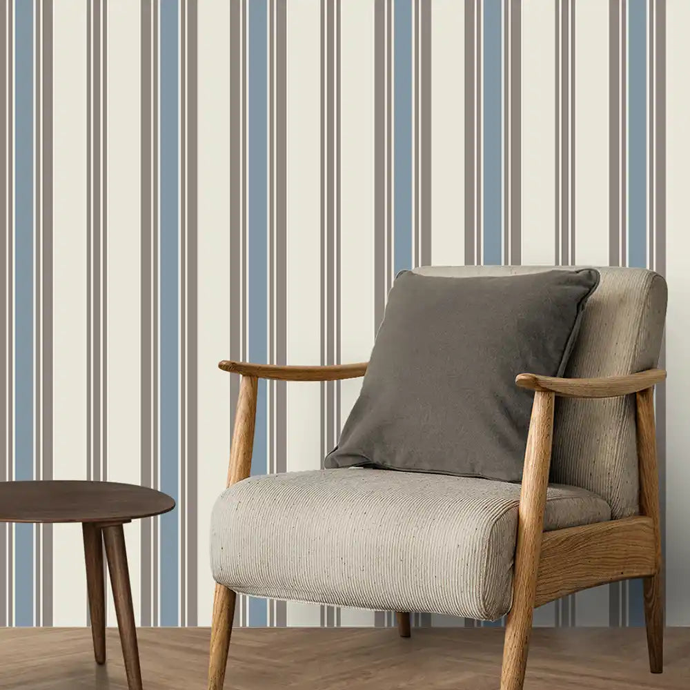 Stripes Design Wallpaper Roll in Ivory and Blue Color