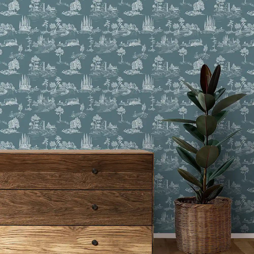 Toile Design Wallpaper Roll in Greyish Blue Color Buy Online