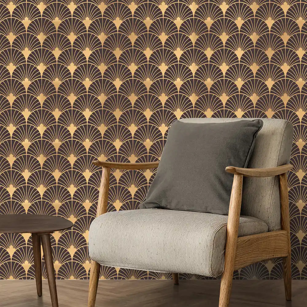 Geo Design Wallpaper Roll in Gold & Brown Color for Rooms