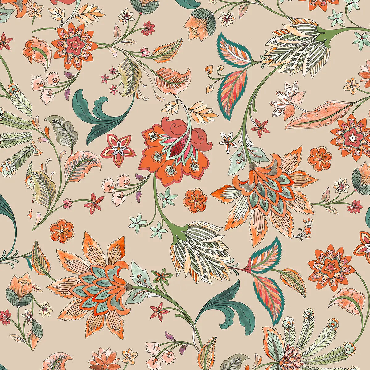 Vibrant Floral Wallpaper, Repeat Patten Beige