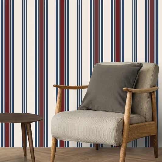 Stripes Design Wallpaper Roll in Blue and Maroon Color