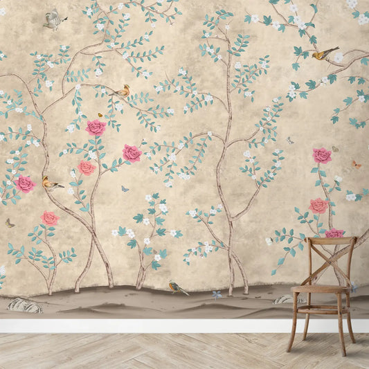 Shop now Sunset Serenade,Beige & Teal Chinoiserie Wallpaper Design