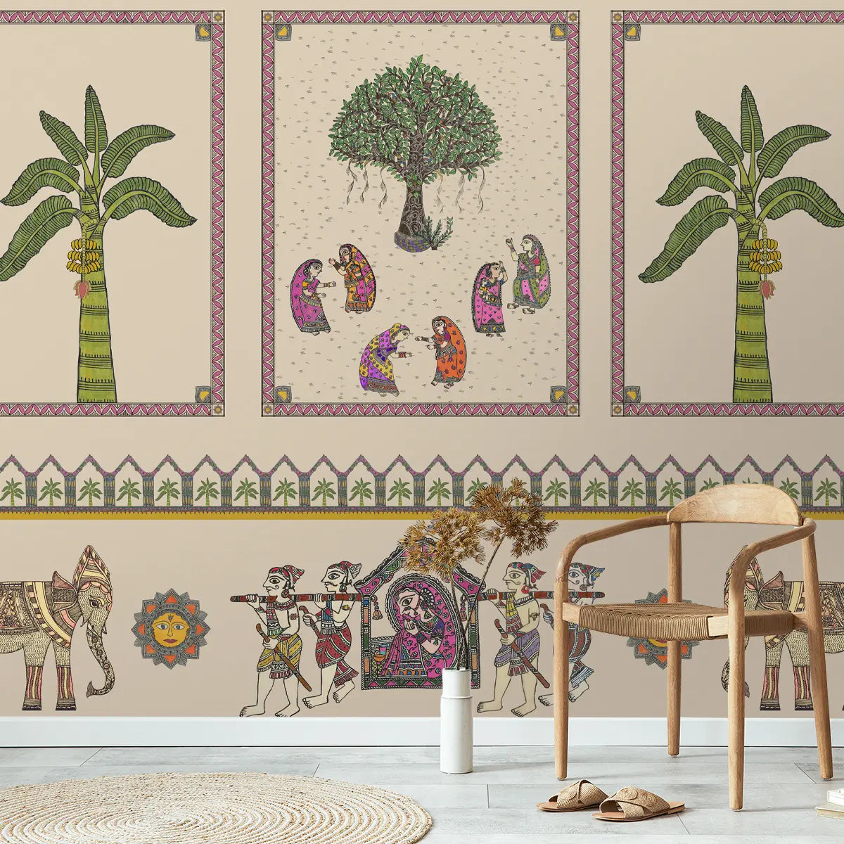 Janakpuri Jharoka Wallpaper in Suneherii Collection Beige