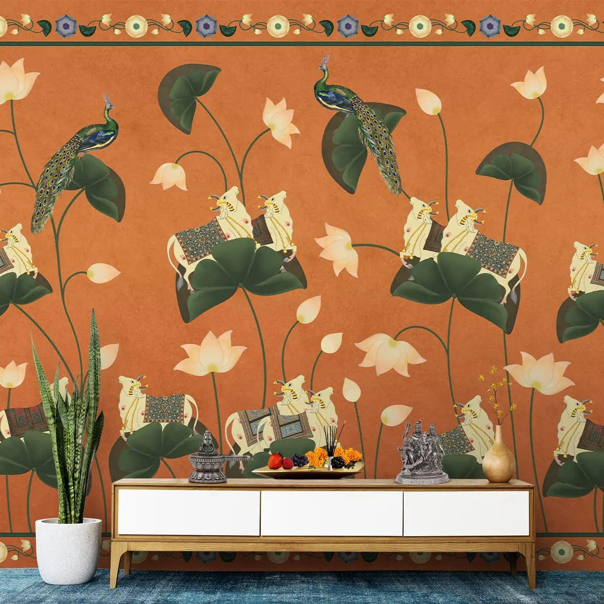 Pichwai Floral Cow Painting Inspired Rust Orange Wallpaper for Walls