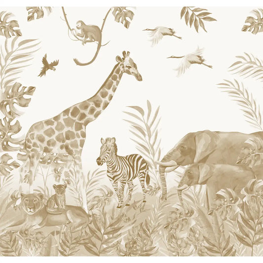 Jungle Theme Kids Room Wallpaper, Giraffe, Elephant, Lioness,Cub, Zebra, Customised Sepia Color