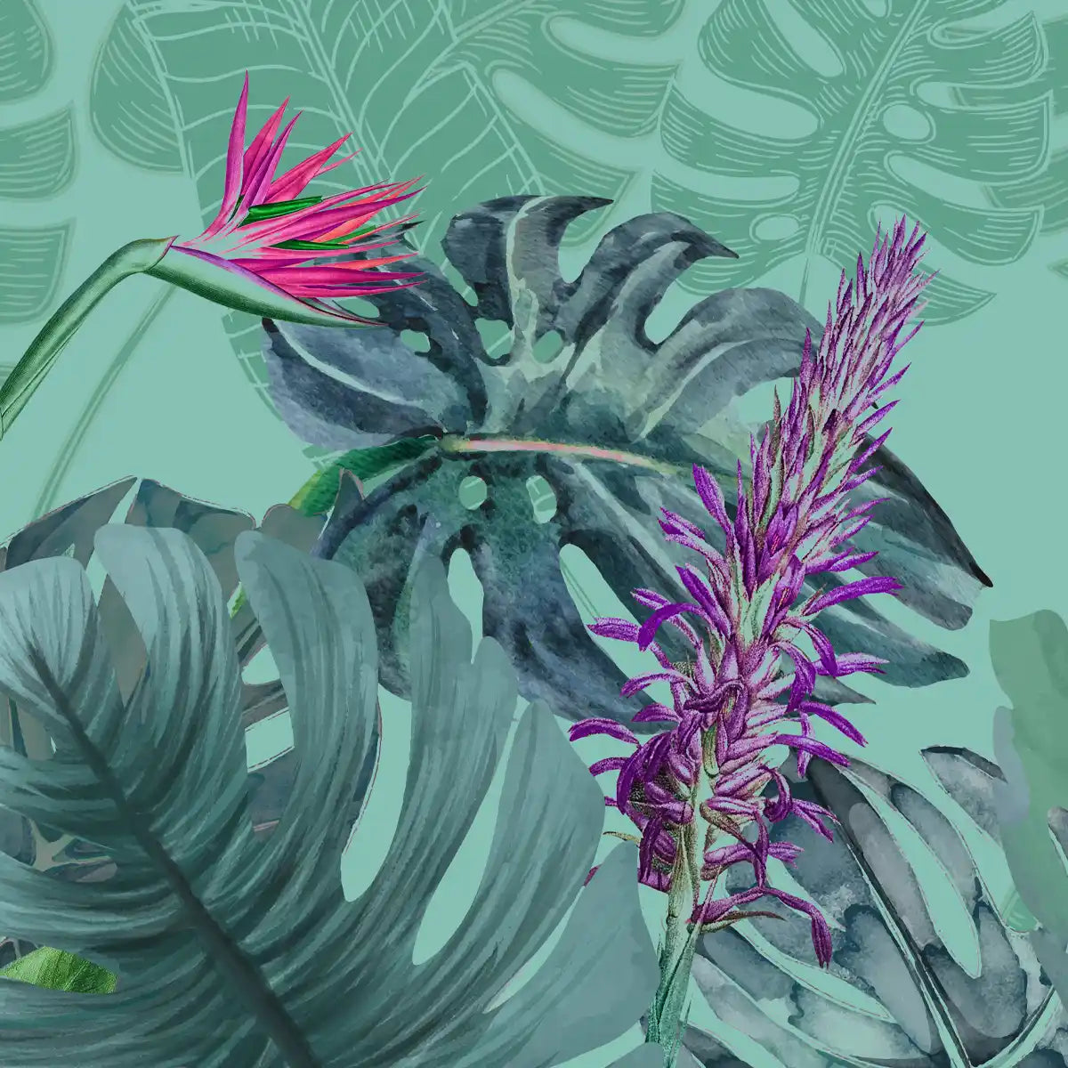 Shop Charm, Nature Theme Based Tropical Wallpaper, Customised Teal