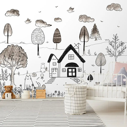 Cute Kids Room Pencil Sketch Theme Wallpaper