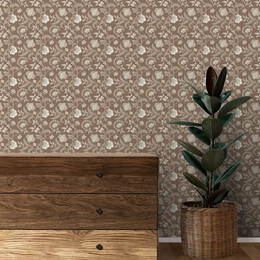 Blossom Design Wallpaper Roll in Brown Color For Rooms