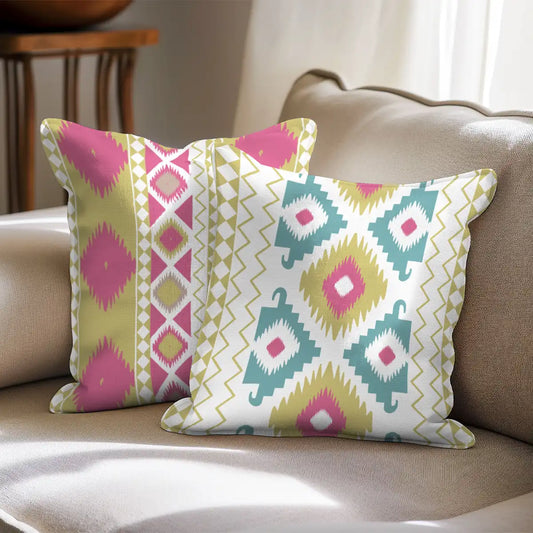 Bandhan Indian Ikkat Cushion Cover,  Indian Ikat Pattern, Set of 2 Pink & Yellow