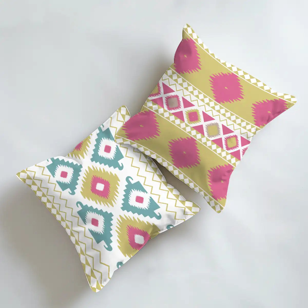 Bandhan Indian Ikkat Cushion Cover,  Indian Ikat Pattern, Set of 2 Pink & Yellow