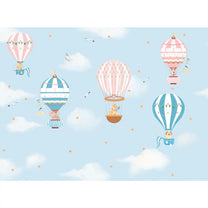 Hot Air Balloons with Animals Wallpaper in Blue Color for Kids Room Walls Cat, Dog, Elephant, Clouds Buy Now  