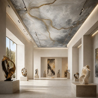 The 3D Marble Grey topography wallpaper mural customized across a high-ceiling luxury art gallery hall with abstract stone sculptures view-ceiling