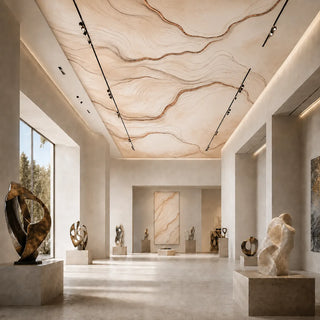 The 3D Marble topography wallpaper mural customized across a high-ceiling luxury art gallery hall with abstract stone sculptures view-ceiling