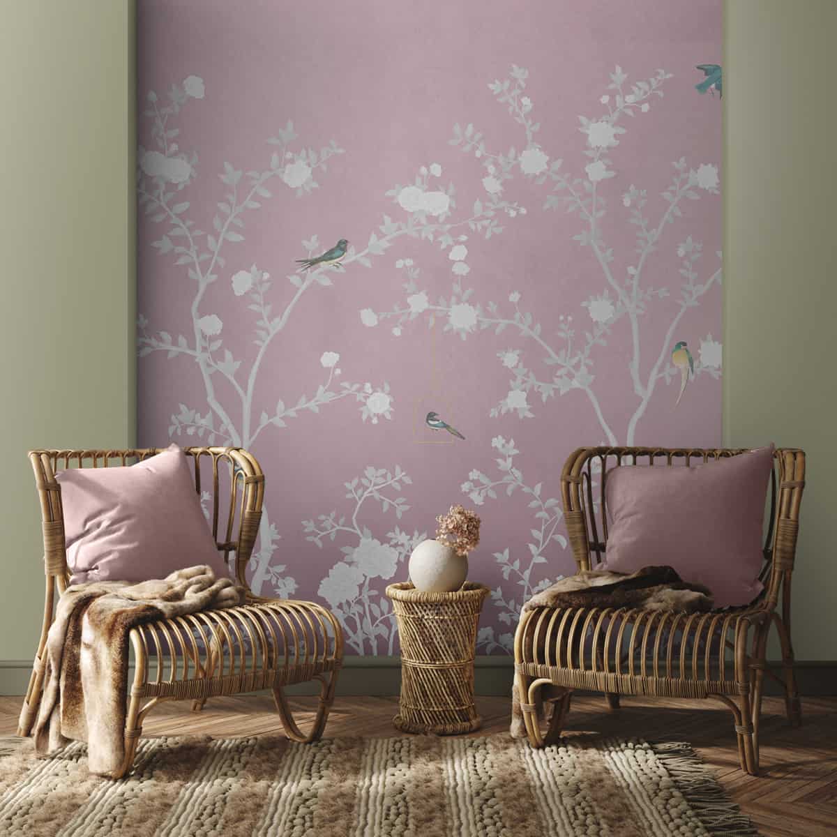 Aura in the Garden Pink Chinoiserie Wallpaper