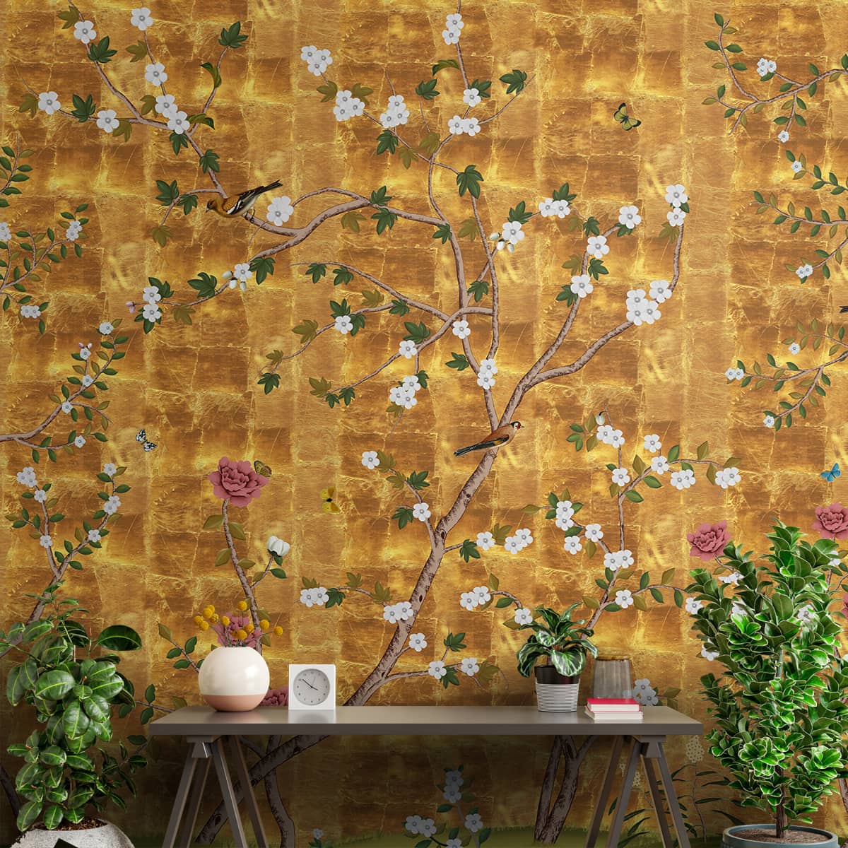 Gilded Harmony in Florals, Chinoiserie Wallpaper, Customised