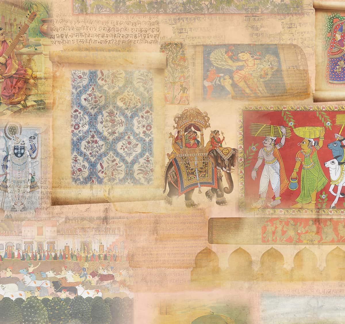 Hindustan, Indian Folk Art Inspired Montage Wallpaper, Customised