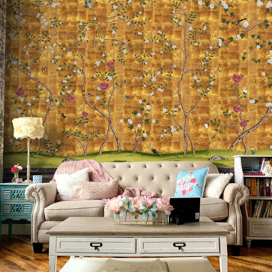 Gilded Harmony in Florals, Chinoiserie Wallpaper, Customised
