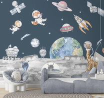 Buy now Lets go on a moon walk, Cute kids room wallpaper, Dark Blue