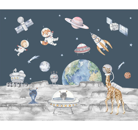 Lets go on a moon walk, Cute kids room wallpaper, Dark Blue