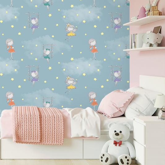 Fairies in the Sky, Wallpaper Design for Girls Room, Blue