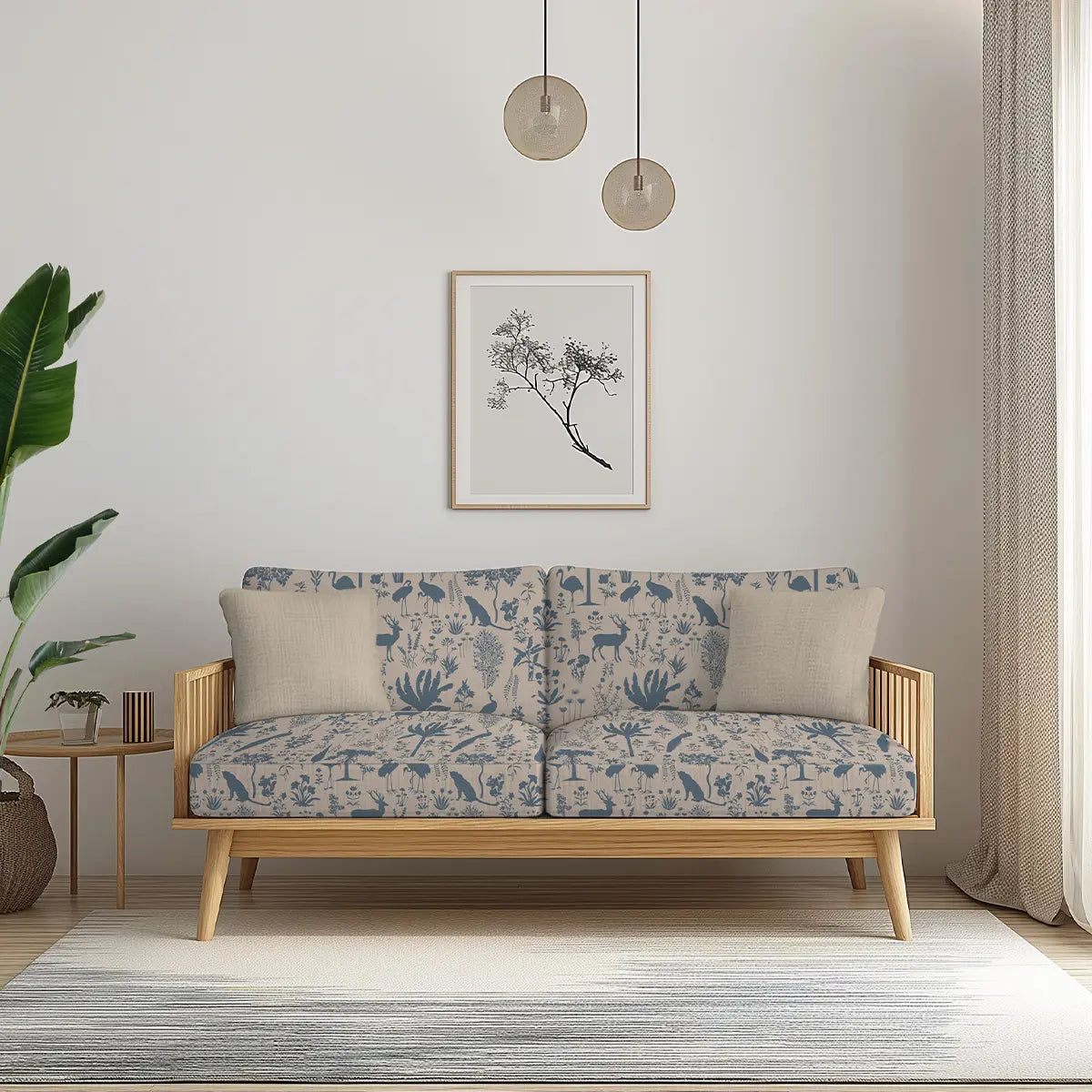 Dancing Shadows Sofa and Chairs Upholstery Fabric Cream & Blue Europian theme jungle design