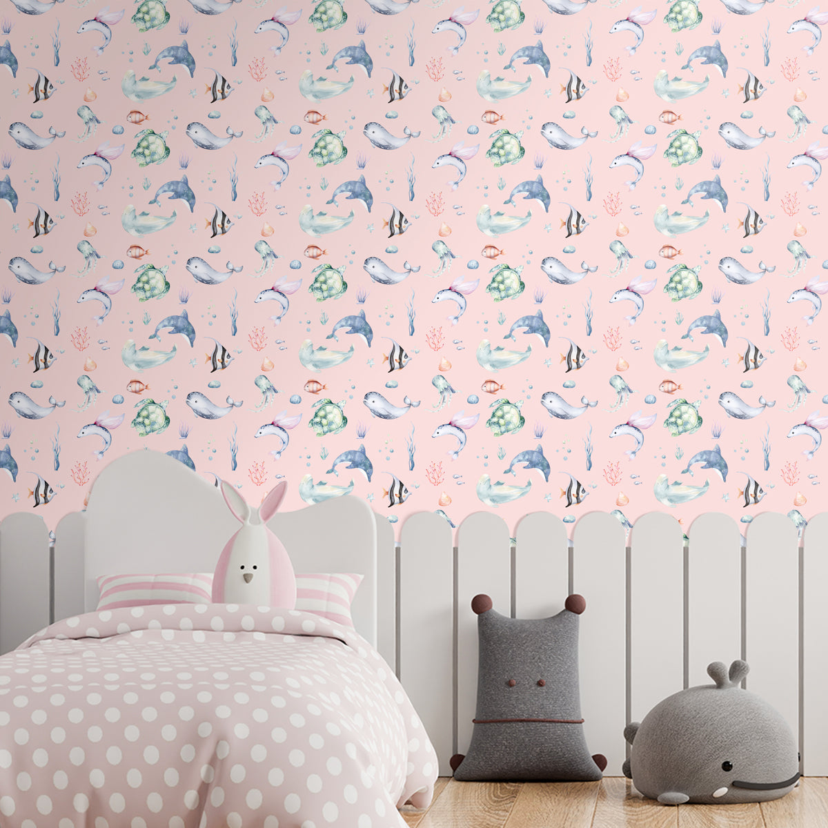 Cute Marine Life, Wallpaper Design for Kids Room, Pink